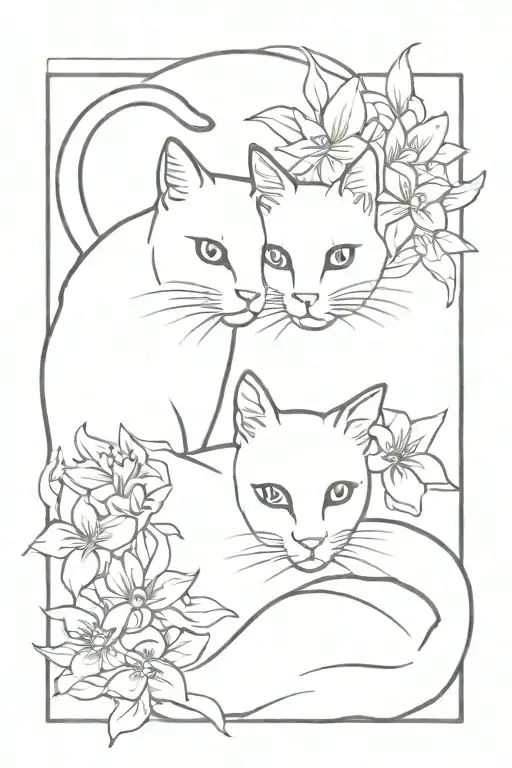 Black cat and snowshoe siamese cat with  lilys tattoo design idea