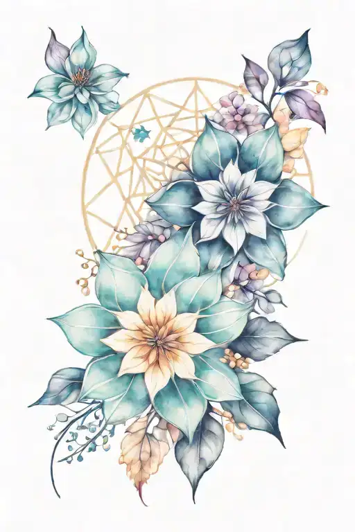 full sleeve mandala with black lines and colourfull contrasts, sacred geometry intricate clusters  of jasmine flowers  tattoo design idea