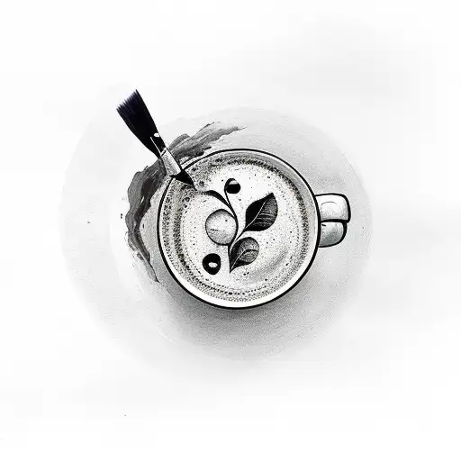 A realistic portrait of a coffee bean with a paintbrush in its hand, painting a mural of a cozy house tattoo design idea