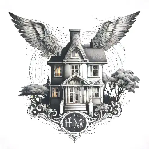 An intricate tattoo of a modern house with the initials 'HM' subtly hidden within the architecture tattoo design idea