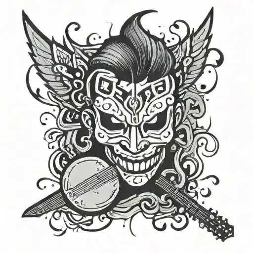 A tattoo featuring a hanya mask inspired by rock music, with a new-school style tattoo design idea