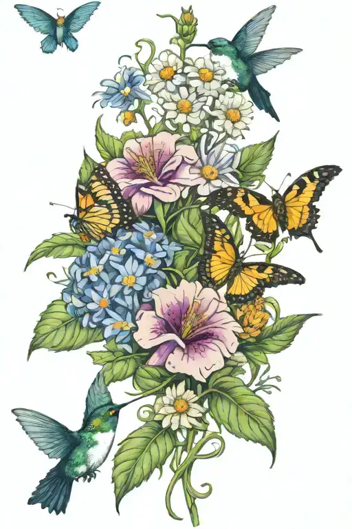bouquet of morning glories, asters, marigolds, cosmos with 2 hummingbirds and 1-2 butterfly tattoo design idea