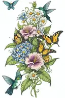 bouquet of morning glories, asters, marigolds, cosmos with 2 hummingbirds and 1-2 butterfly tattoo design idea