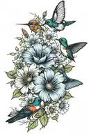 bouquet of morning glories, asters, marigolds, cosmos with 2 hummingbirds and 1-2 butterfly tattoo design idea
