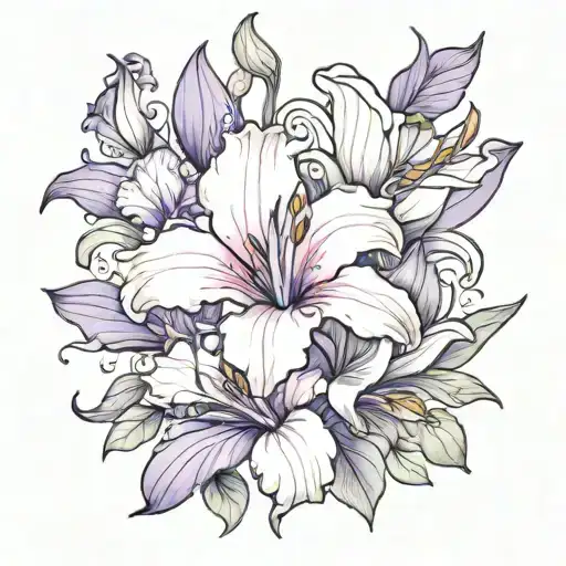 A half sleeve tattoo featuring purple iris, pink rose, water lily, and morning glory tattoo design idea