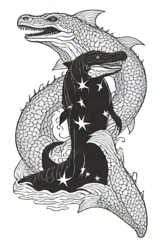 two mosasaurus father and son, blackwork, ocean background tattoo design idea