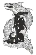 two mosasaurus father and son, blackwork, ocean background tattoo design idea