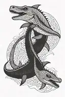 two mosasaurus father and son, blackwork, ocean background tattoo design idea