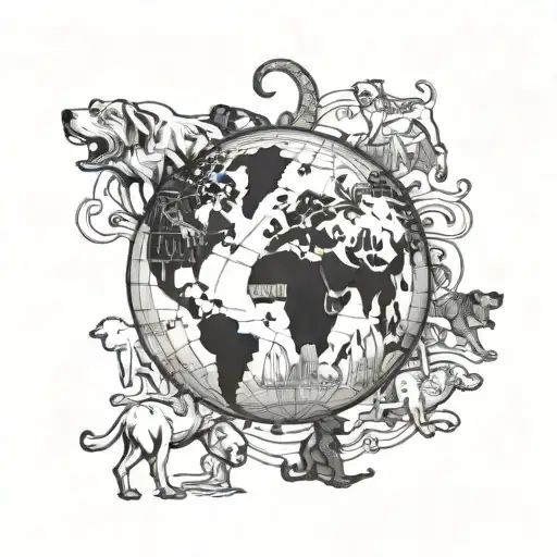 An intricate design of a globe with various dog breeds traveling around the world tattoo design idea