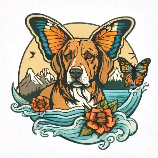dog, water, mountains and butterfly wings tattoo design idea