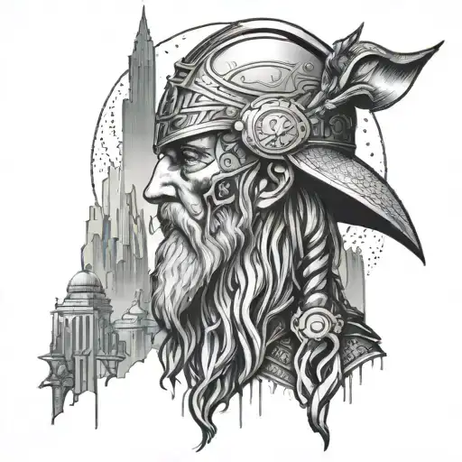 Illustrate a scene from Norse mythology of Odin sacrificing his eye for wisdom, with a backdrop of a futuristic cityscape, symbolizing sacrifice and growth in programming tattoo design idea