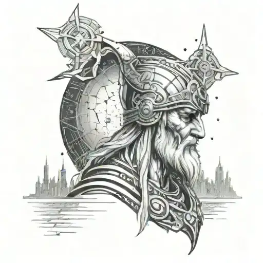 Illustrate a scene from Norse mythology of Odin sacrificing his eye for wisdom, with a backdrop of a futuristic cityscape, symbolizing sacrifice and growth in programming tattoo design idea