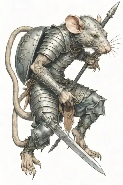 humanoid rat warrior covered in plate armor holding spear tattoo design idea