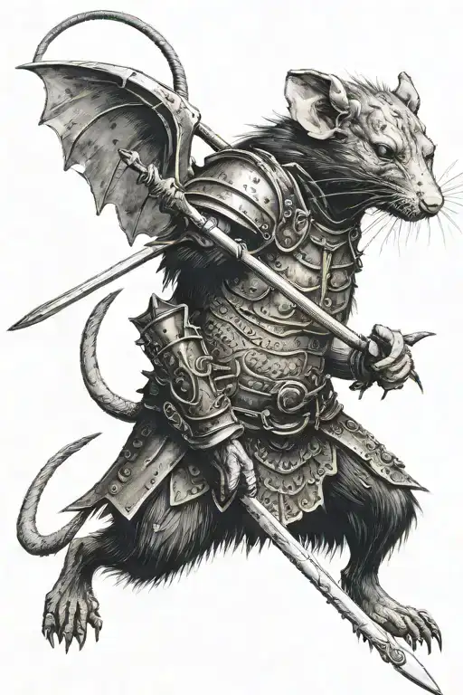 grim dark humanoid rat warrior with black fur covered in plate armor holding spear with scars in a stance tattoo design idea