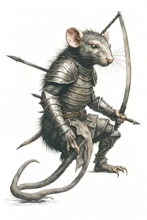 humanoid rat warrior with black fur covered in plate armor holding spear with scars in a stance tattoo design idea