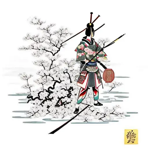 A surreal depiction of a Japanese warrior under arrow assault, surrounded by a Japanese temple, cherry blossom tree, and clouds. On the right, a mesmerizing Japanese girl holding a Hanya mask, wearing a kimono, lost in a world of imagination. tattoo design idea