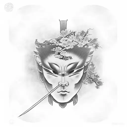 A surreal depiction of a Japanese warrior under arrow assault, surrounded by a Japanese temple, cherry blossom tree, and clouds. On the right, a mesmerizing Japanese girl holding a Hanya mask, wearing a kimono, lost in a world of imagination. tattoo design idea