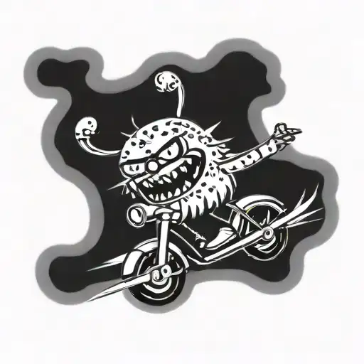 punk rock meatball riding a razor scooter jumping tattoo design idea