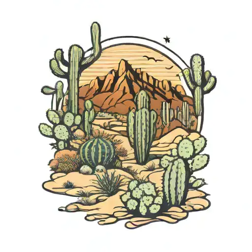 desert landscape filled with cacti tattoo design idea