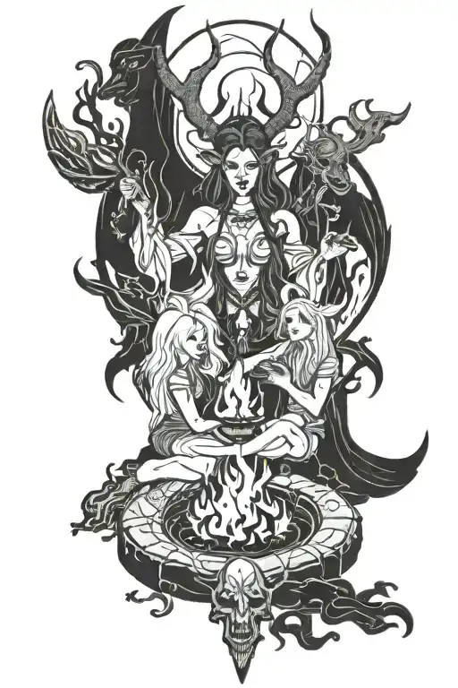 art of women around a bonfire. they are witches wearing satanic robes. spooky theme. in the dark woods. baphomet tattoo design idea