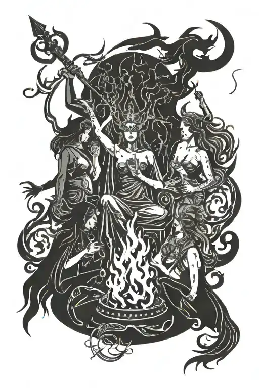 art of women's silhouettes around a fire. they are witches wearing satanic robes. spooky theme. baphomet tattoo design idea