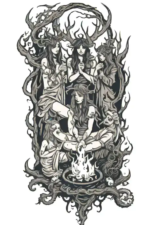 art of women around a bonfire. they are witches wearing satanic robes. spooky theme. in the dark woods. baphomet tattoo design idea