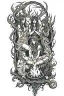 art of women around a bonfire. they are witches wearing satanic robes. spooky theme. in the dark woods. baphomet tattoo design idea