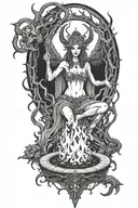 art of women around a bonfire. they are witches wearing satanic robes. spooky theme. in the dark woods. baphomet tattoo design idea