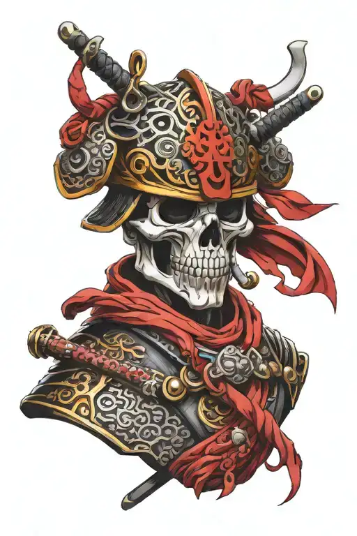skull face samurai with red and black armour tattoo design idea