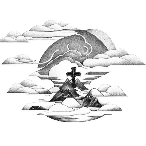 Kayak down a mountain with a cross in the clouds tattoo design idea