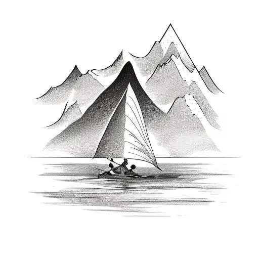 A sketch-style tattoo of a kayak sailing towards a mountain peak, symbolizing the pastor's spiritual journey tattoo design idea