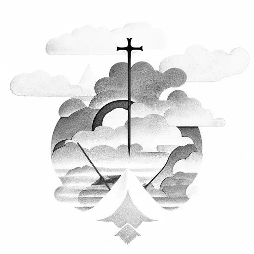 Kayak down a mountain with a cross in the clouds tattoo design idea