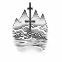 Kayak down a mountain with a cross in the clouds tattoo design idea
