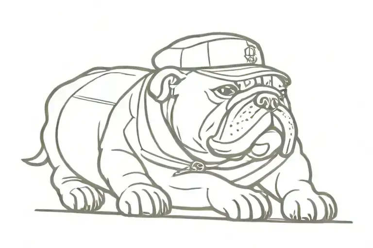 a bulldog as a train conductor, his elbow hanging out the window, while tipping his cap. train going away from viewer  tattoo design idea