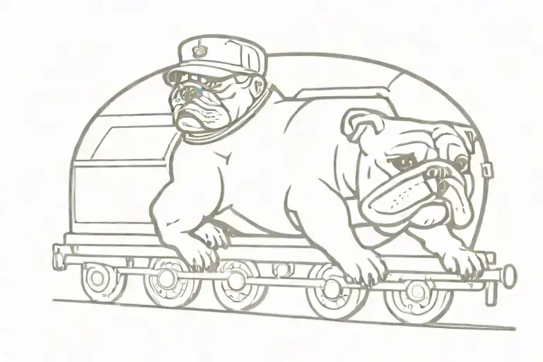 a bulldog as a train conductor, driving the train with his elbow hanging out the window, while tipping his cap tattoo design idea
