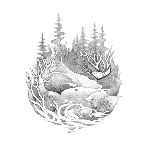 A tattoo inspired by the sea and coast, incorporating elements of metal music and the forest, in a minimalist style tattoo design idea