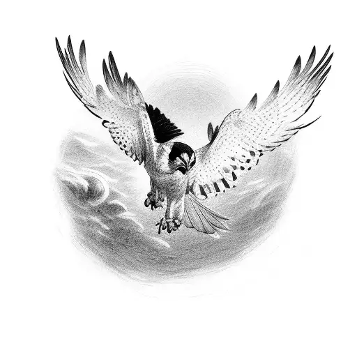 falcon in flight, black and white, lines tattoo design idea