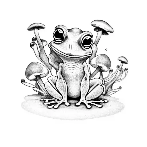 baby frog with mushrooms tattoo design idea