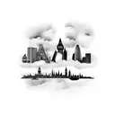 clouds over London skyline black tattoo design idea