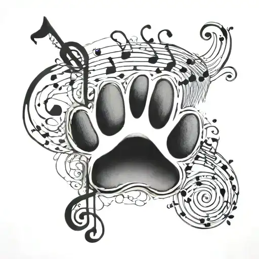 A minimalist tattoo of a pet paw print with a musical note inside, combining your love for animals and music tattoo design idea