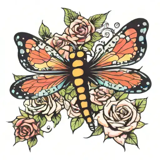Dragonflies Butterflies and roses  tattoo design idea