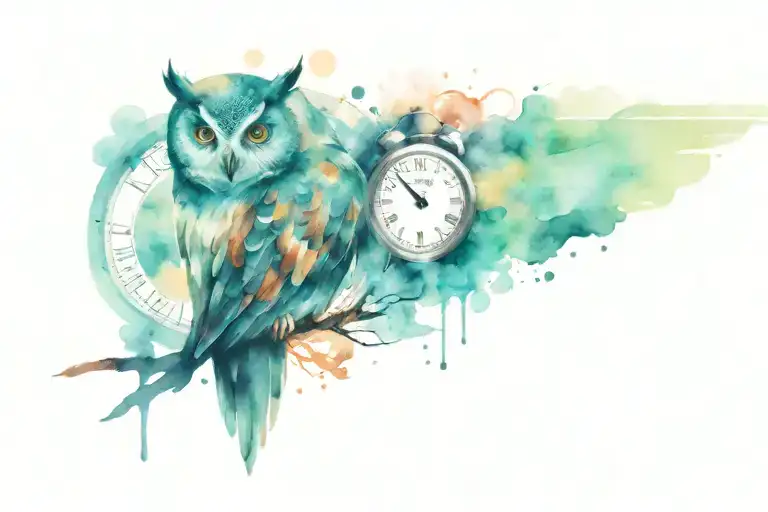 owl with samll clock embedded tattoo design idea