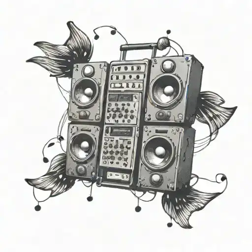 A surreal tattoo of speakers with baggage handles protruding from them, surrounded by musical notes tattoo design idea