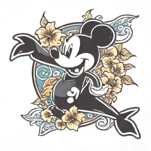 A whimsical Mickey Mouse silhouette surrounded by hibiscus flowers and playful dolphins tattoo design idea