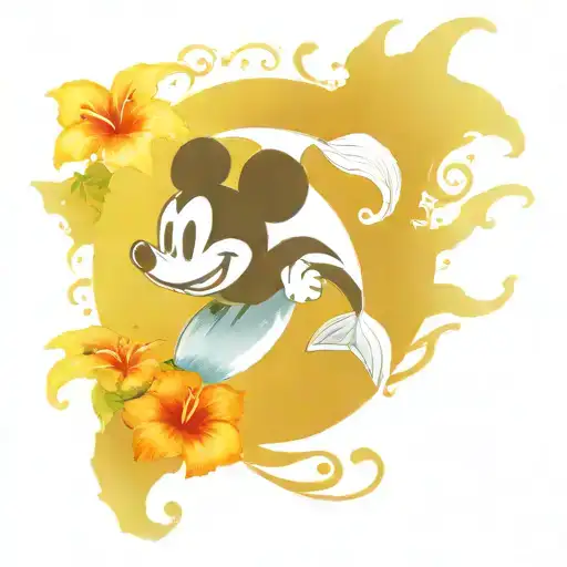 A whimsical Mickey Mouse silhouette surrounded by hibiscus flowers and playful dolphins tattoo design idea