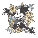 A whimsical Mickey Mouse silhouette surrounded by hibiscus flowers and playful dolphins tattoo design idea