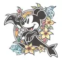 A whimsical Mickey Mouse silhouette surrounded by hibiscus flowers and playful dolphins tattoo design idea