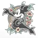 A whimsical Mickey Mouse silhouette surrounded by hibiscus flowers and playful dolphins tattoo design idea