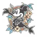 A whimsical Mickey Mouse silhouette surrounded by hibiscus flowers and playful dolphins tattoo design idea