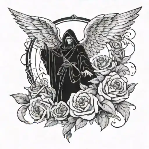 A symphonic metal inspired tattoo featuring an angel of death traveling through astral realms, surrounded by roses and s tattoo design idea